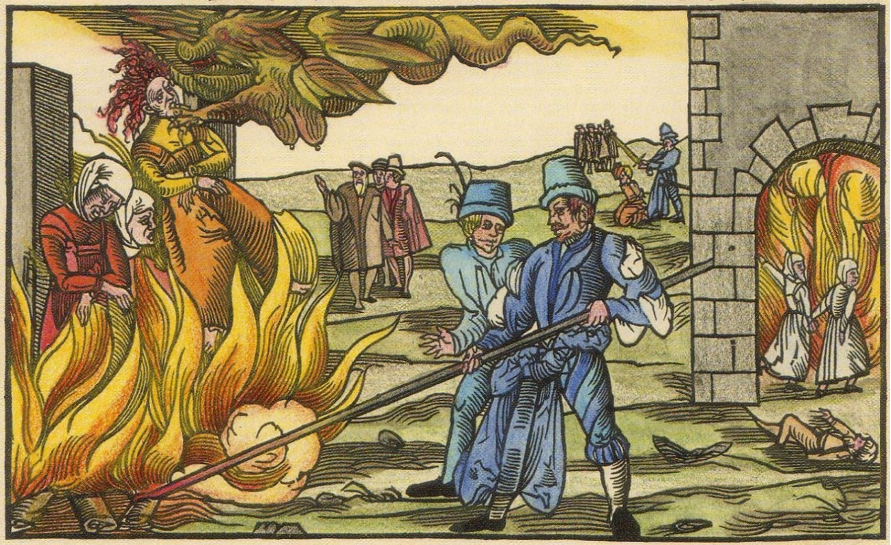 Bild. Darauf ist eine historische Hexenverbrennung abgebildet.