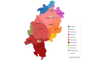 Bild. Darauf ist eine Karte von Hessen mit der Dialekteinteilung nach Beitel 2022 zu sehen.